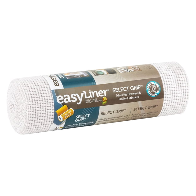 Select Grip EasyLiner Brand Shelf Liner, white, 12 in. x 15 ft., with a textured non-adhesive grip surface on both sides to protect and cushion drawers and utility cabinets, easy to cut, reposition, and machine washable, suitable for keeping items secure and preventing scratches.