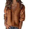 thumbnail image 2 of WUANDIXFA Lightweight Sweaters for Women Solid Color V Neck Lace Stitching Buttons Long Sleeves Sweater Brown,S, 2 of 5