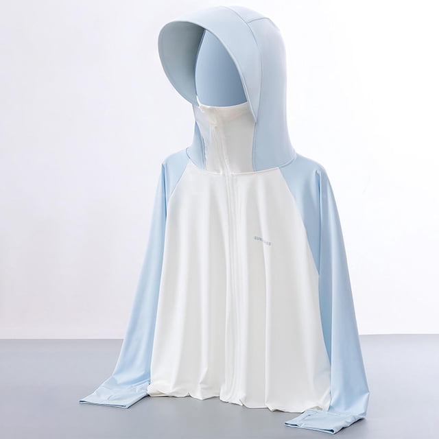 Mceream Chandails à Capuchon de Protection Solaire pour Enfants en Soie Glacée Upf50+ à Blocs de Couleur, Coupe Ample Raglan, Manches Longues, à Fermeture Éclair, Rafraîchissants, Chemises de Soleil, Chaqueta de Invierno Para NiñA Bleu 7 Ans