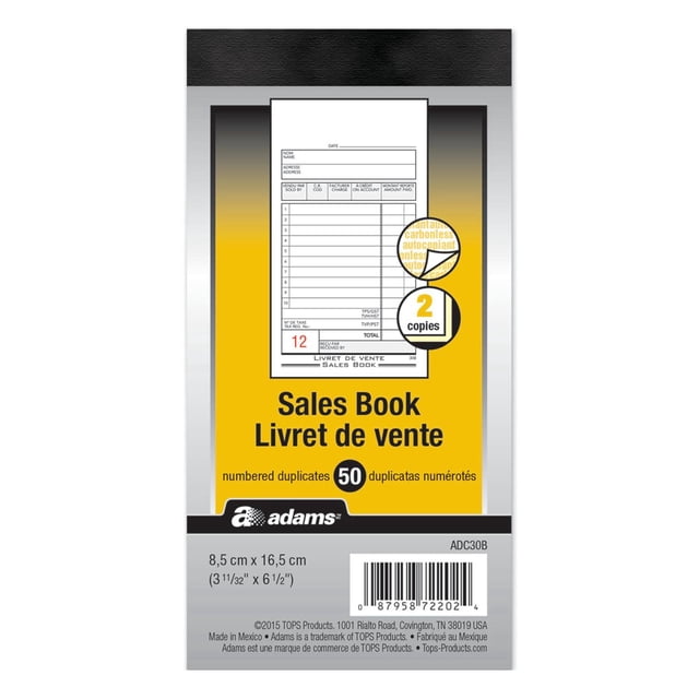 Sales Book, Carbonless, Bilingual, 2-Part 3-11/32" x 6" carbonless sales book with premium grade paper, 50 two-part white/canary sets, consecutive red numbering on each set; compact receipt and invoice log often used for bilingual sales or delivery records.