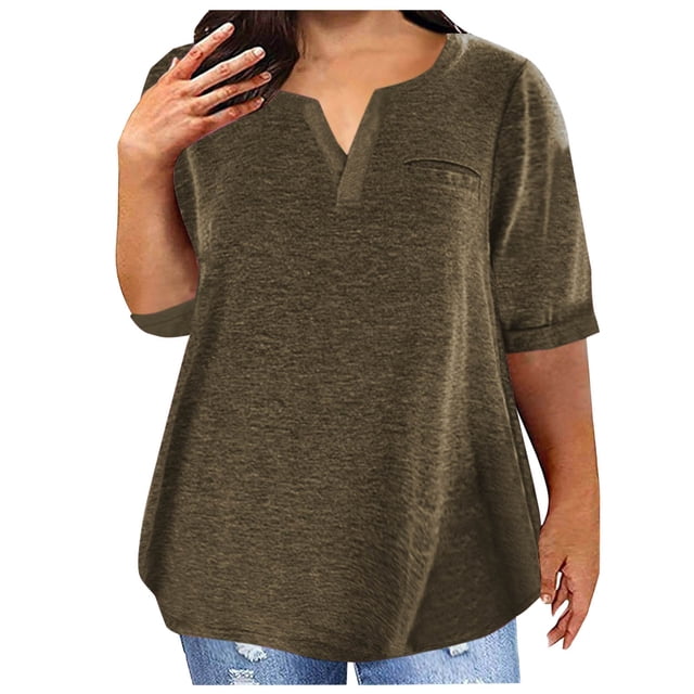 Plebaso Plus Size Tops for Women Short Sleeve V Neck Loose Blouses Casual Solid Color Womens Tunic Tops