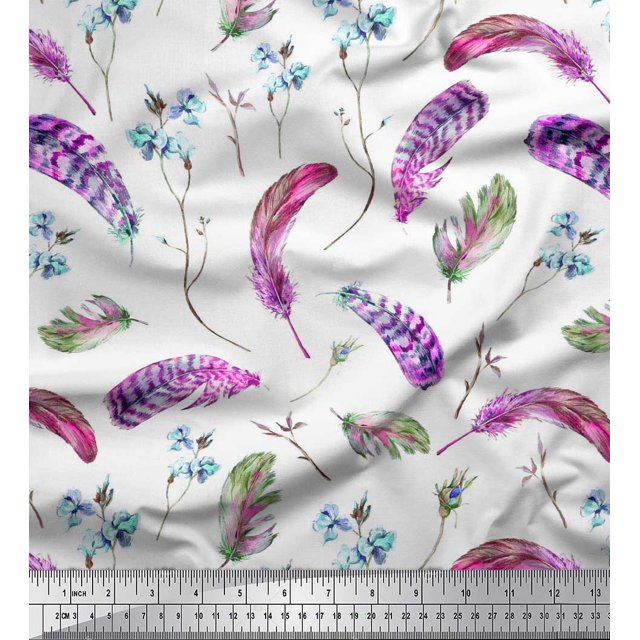 Soimoi Poly Georgette Fabric Flowers & Feather Printed Craft Fabric by The Yard 52 Inch Wide