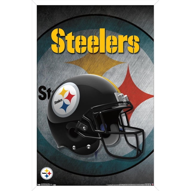 NFL Pittsburgh Steelers - Helmet 16 Wall Poster, 22.375" x 34" showing a side profile of a black football helmet with the Steelers logo on the side, set against a textured background with a large faded Steelers emblem and bold yellow 'Steelers' text above, printed on glossy poster paper suitable for home décor and fan rooms.