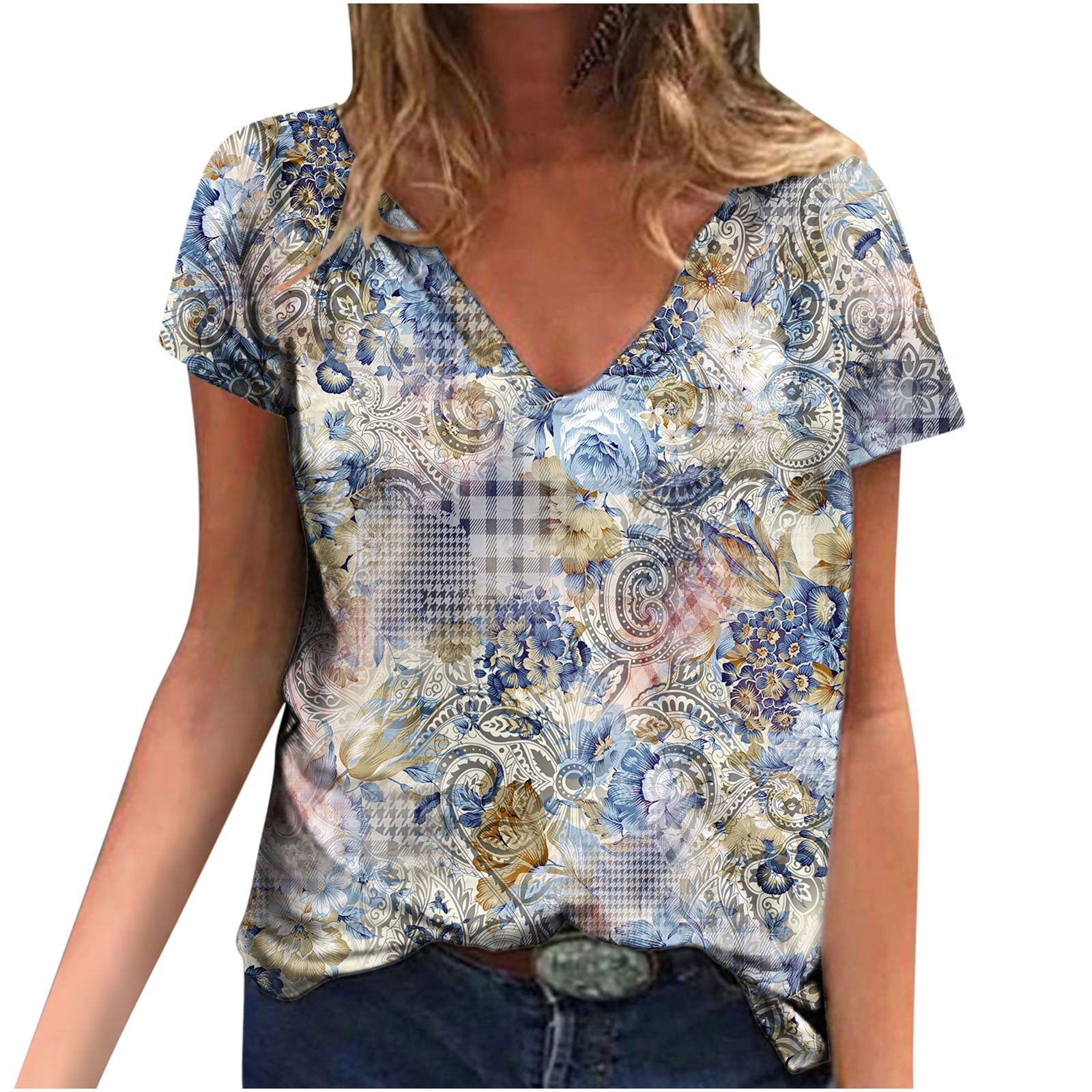 Hauts d'Été pour Femmes Manches Courtes Femmes Blouse d'Été Imprimée T-Shirts Décontractés Col en V Manches Courtes T-Shirts Hauts