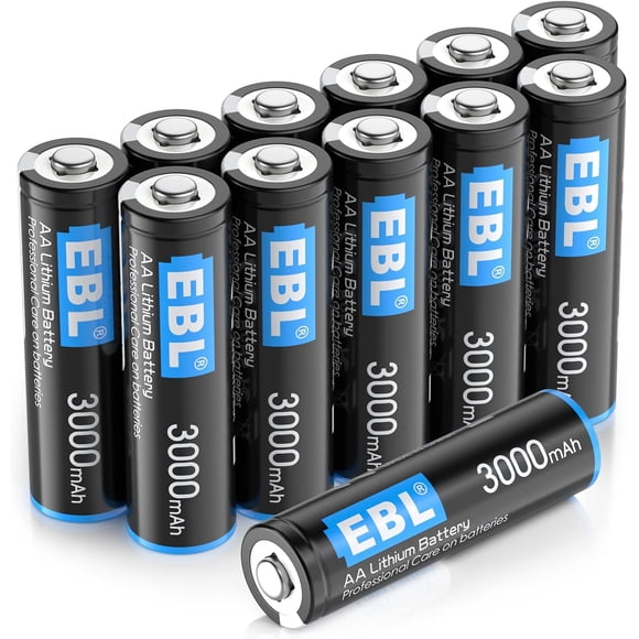 EBL Piles AA au Lithium 1,5 V (Lot de 12), Piles Métalliques au Lithium Jetables 3000 mAh, Tension Constante, Longue Durée et Haute Puissance (Non Rechargeables)
