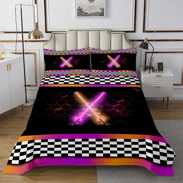 Erosebridal Lightsaber Sports Coverlet Set Queen, Orange Purple Bedding Set, Checkered Decor 3 Pieces