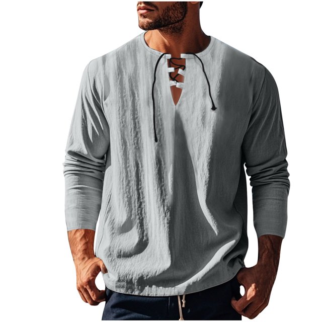 zbxnLI Mens Linen Shirts Drawstring V Neck Long Sleeve Shirt Lightweight Spring Fall Long Sleeve T-Shirts