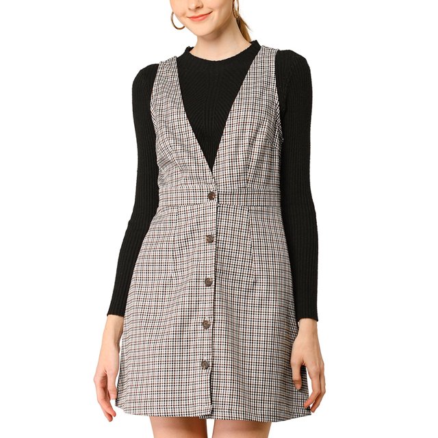 INSPIRE CHIC Women's Overall Suspender Check Houndstooth Pinafore Dress
