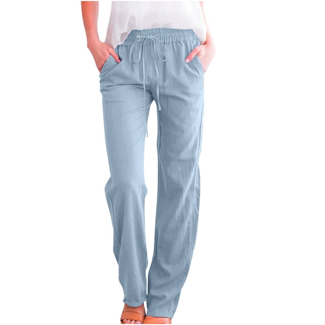 Timegard Womens Cotton Linen Pants featuring an elastic waistband with a drawstring, straight-leg design, and solid color. Made from a blend of 95% polyester and 5% spandex, these pants are lightweight, breathable, and comfortable for casual wear. Shown in a medium size with a waist range of 78-108 cm (30.71-42.52 inches) and a length of 109.5 cm (43.11 inches). Ideal for pairing with casual tops and footwear for a relaxed look.