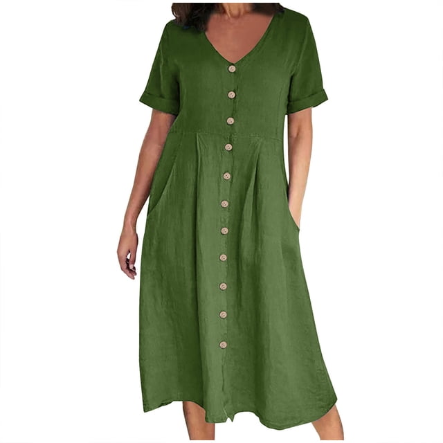 QUYUON Robe en Lin Femme Été Décontractée Col en V Manches Courtes Chemise Boutonnée Robes Invitée de Mariage Cocktail Fête Robe Trapèze Mini avec Poches Robe de Plage Soleil Style D-3443 Vert G