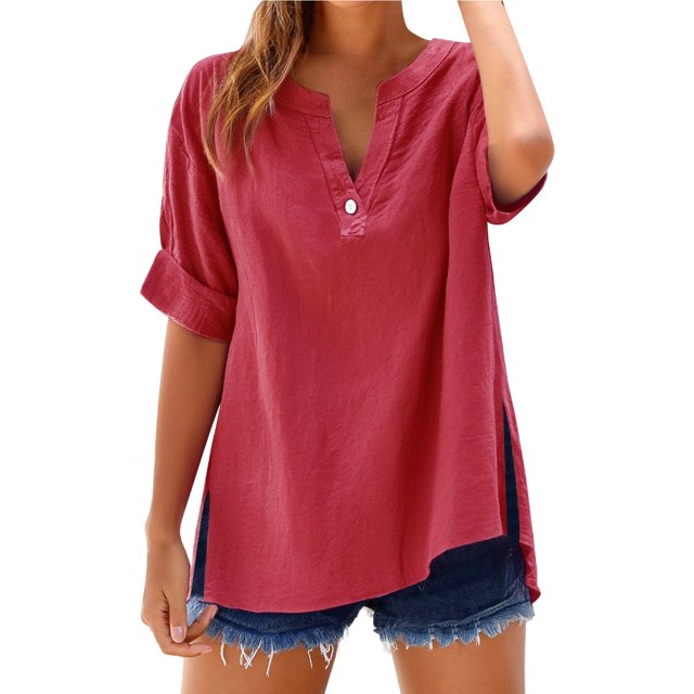 Baberdicy Chemises à Col Surdimensionné - Hauts Amples Unis pour Femmes (Lin Respirant, de Bureau à Week-End) Rouge Melon D\'eau TTG