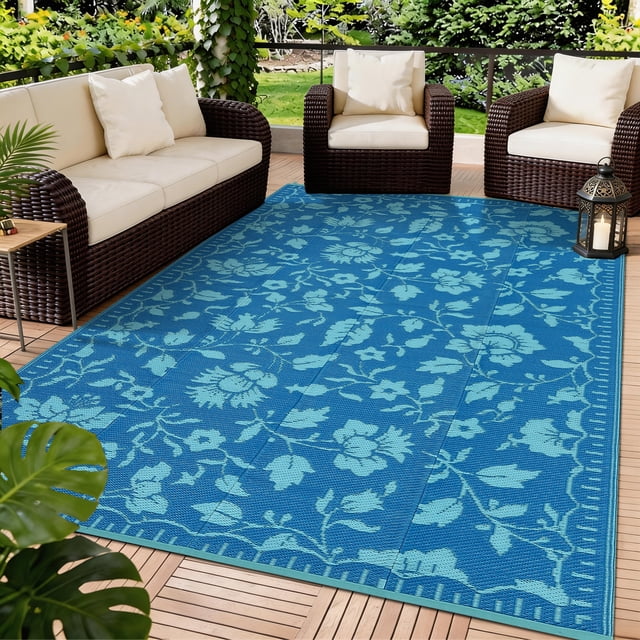Garvee 8'x10' Outdoor Rug Waterproof Floral Camping Carpet, Reversible Plastic Straw Rug Outdoor Rug for Patio RV Balcony Backyard, Navy Blue