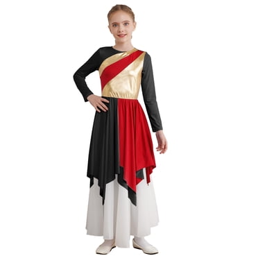 Doomiva Robe de Danse Liturgique de Louange pour Filles, Manches Longues, Blocs de Couleur Métalliques Dorés, Robe de Culte d'Église, Tenue de Danse, Rouge 4
