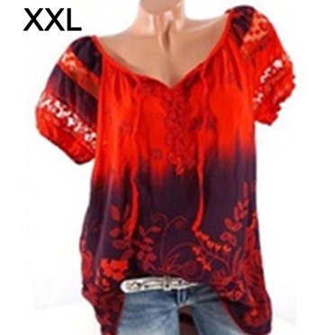 Blouse Short Sleeve Print Shirt short sleeve print V Neck Loose Blouse Woman Summer Top, Red, XXL