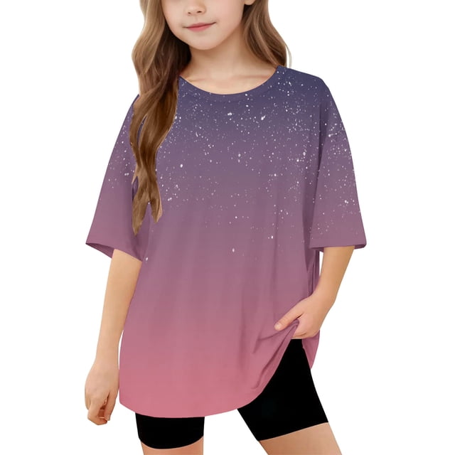 DecSea Girls Short Sleeve T shirt Kids Summer Oversized Gradient Crew Neck Tops Casual Basic Tee 5-14Years