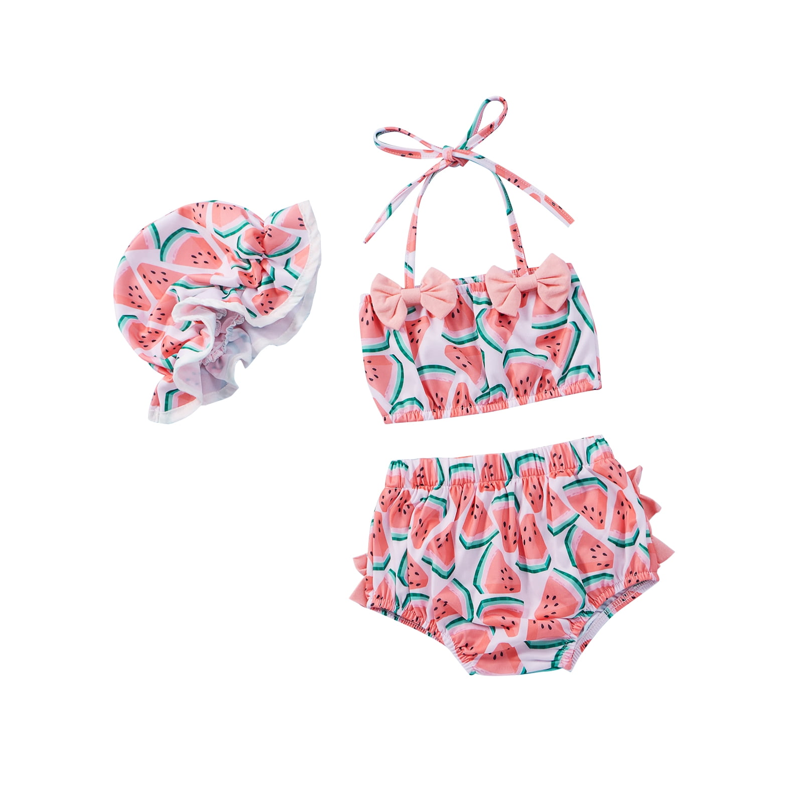 goowrom Baby Girls Swimsuit Set, Watermelon Print Split Bikini+Shorts+Hat