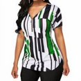 thumbnail image 5 of T-shirt pour Femme à Col en V, Haut à Rayures, Manches Courtes, Blouse à Fermeture Éclair, Blouse Ajustée en V, Vert, 4TG, 5 of 5