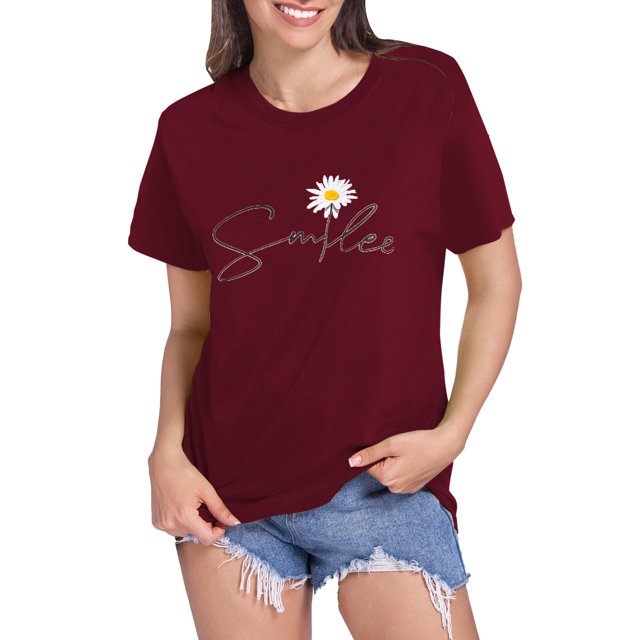 LUOGENLI T-shirts pour Femme pour Femmes T-shirts pour Femmes Motif Imprimé Tournesol Col Rond Manches Courtes T-Shirt Haut T-shirts pour Femmes T-Shirt Graphique Drôle Saint-Valentin Vin P