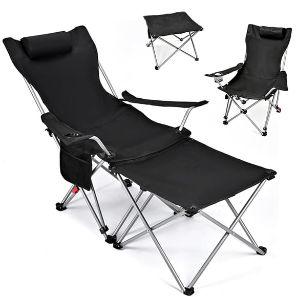 3 in 1 Reclining Camping Chair, Outdoor Camping Lounge Chair with Adjustable Backrest for Adults, Folding Chair and Side Table, Detachable Pillow