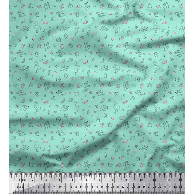 Soimoi Moss Georgette Fabric Cactus,Alarm Clock & Flamingo Shirting Decor Fabric Printed Yard 42 Inch Wide