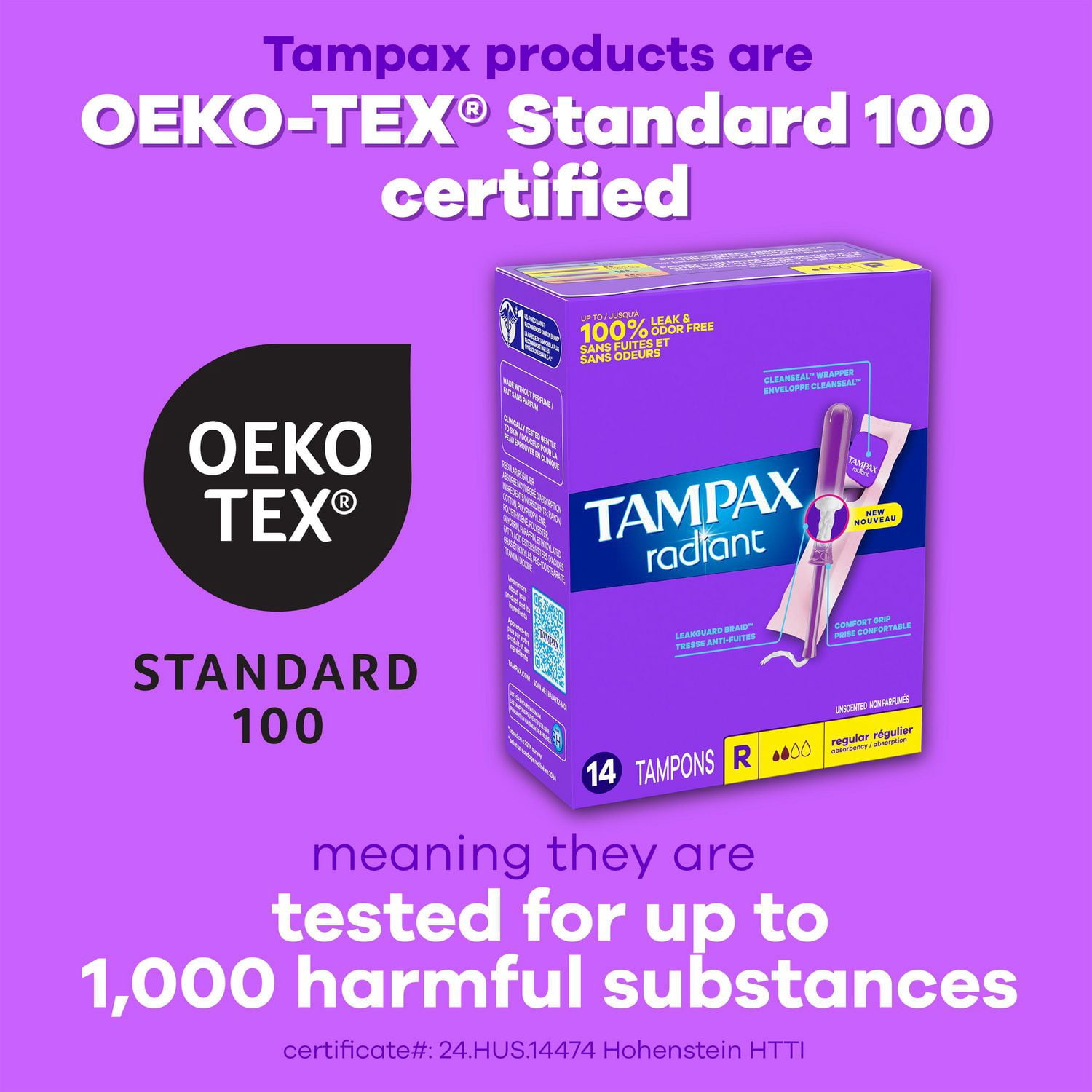 Tampons Tampax Radiant, avec tresse anti-fuites LeakGuard, degrés d’absorption régulier/super, emballage multiple, marque de tampon n° 1, non parfumés, 52 tampons