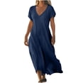 thumbnail image 3 of WRKEKC Robes d'Été Décontractées pour Femmes, Robes d'Été Grande Taille, Robe Jupe à Manches Courtes en Lin Uni à Col en V pour Femmes, 3 of 7