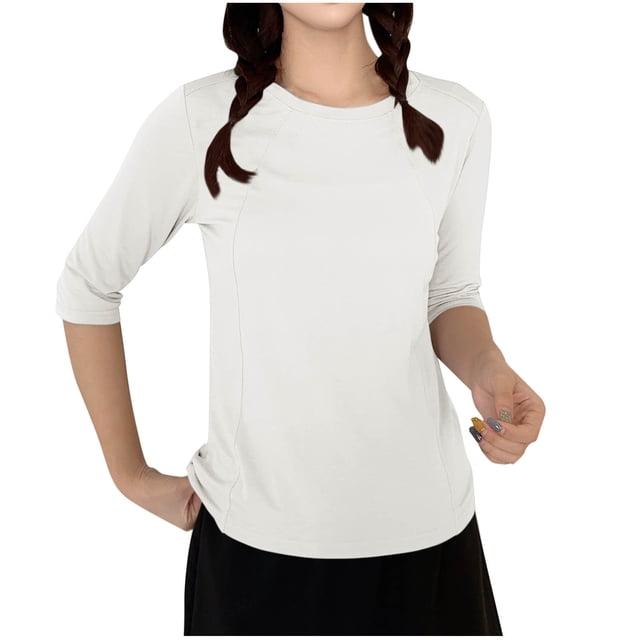 fatyb Chandails de Détente à Manches 3/4 pour Femmes Col Ras du Cou Amples et Confortables Blouses Chandail Décontracté de Tous les Jours T-Shirt de Pyjama