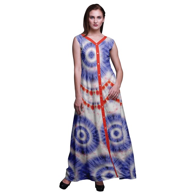 Bimba Robe Maxi Décontractée Teinture sur Nœuds pour Femme à Col en V Sans Manches avec Fente avant Imprimée Boho-Medium