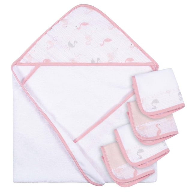 Parent's Choice 5-Piece Cotton Gift Set, Girls, featuring a 30-inch square white hooded towel with pink trim and flamingo print on the hood, plus four 10-inch square washcloths in coordinating white and light pink with flamingo and musical note patterns, made of 100% cotton velour terry with muslin trim, suitable as a baby bath essential.