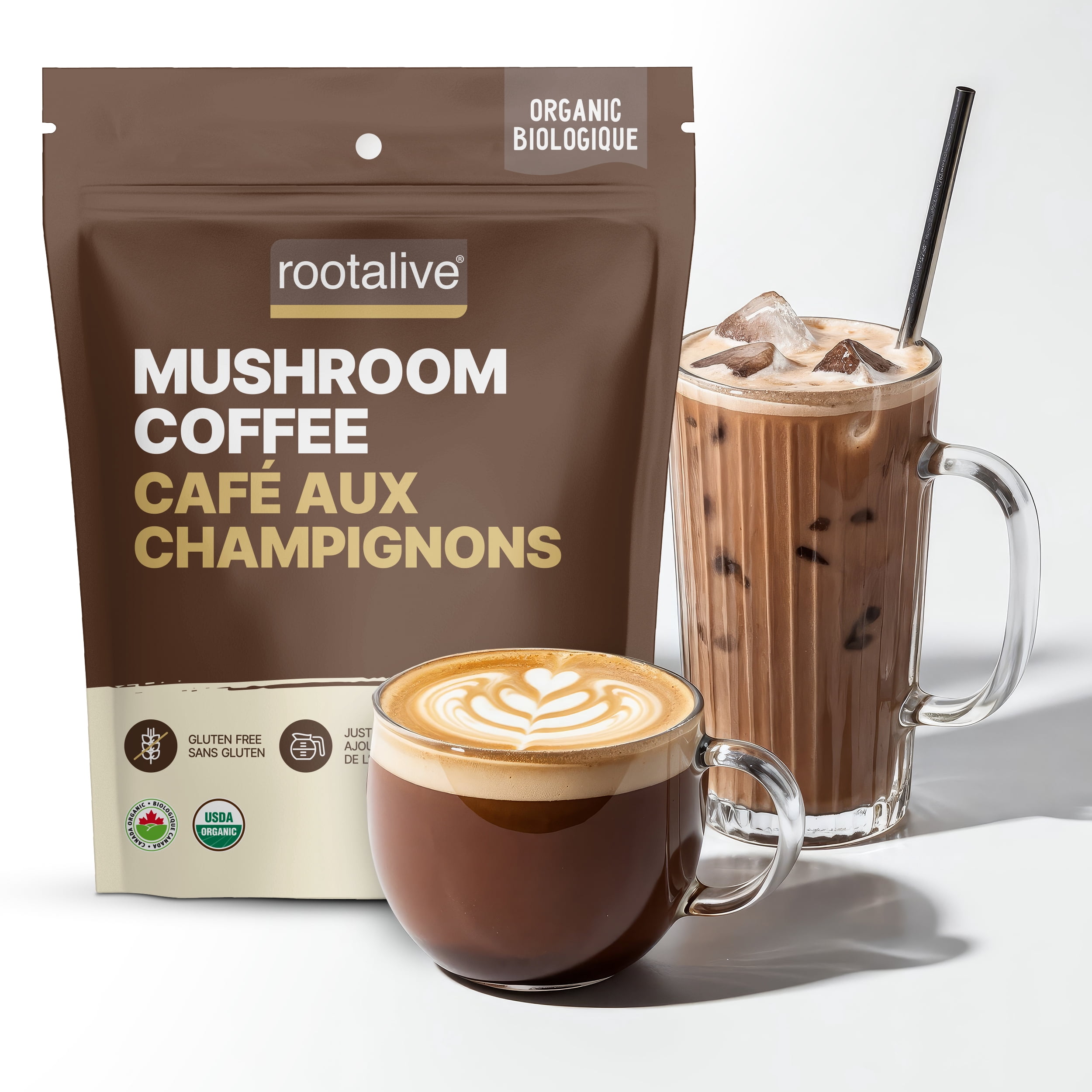 Rootalive Organic Mushroom Coffee 120g - Made in Canada, Crafted with Instant Organic Coffee and a blend of Six unique Mushrooms - Keto Friendly, No Sugar Added and Vegan, Hot or Cold
