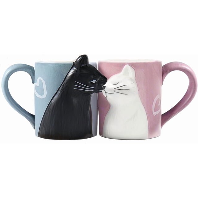 Couple Gifts Cute Kissing Cat Mug Matching Couples Stuff Ceramic Coffee Mugs designed as a set of two mugs with a kissing cat motif. One mug is blue with a black cat, and the other is pink with a white cat, both featuring heart accents. Perfect for wedding, anniversary, engagement, or Valentine's Day gifts for cat lovers.