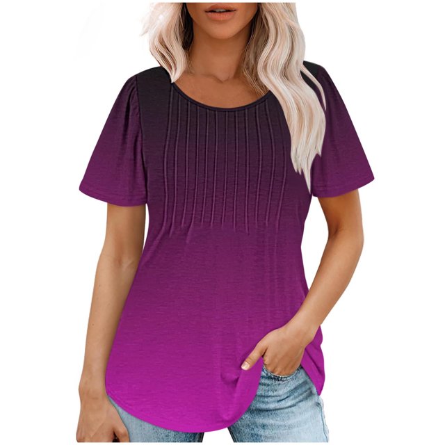 Plebaso Hauts pour Femmes Été Manches Courtes Col Rond Tunique Habillée Ample Mode Dégradé de Couleur Blouses
