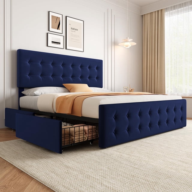 Bed Frame with 4 Storage Drawers and Adjustable Headboard, Upholstered Mattress Foundation with Skin-Frienly Linen, No Box Spring Needed