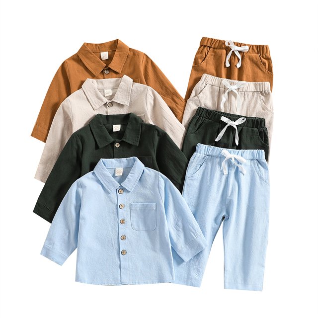 KYAIGUO Toddler Baby Boys Cotton Linen Button down Shirt Pants Set 2PCS Long Sleeve Solid Color Tops Drawstring Pants Set for 6M-4T