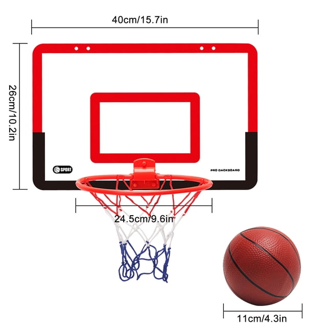 Transparent Hanging Door Basketball Board Punch-free Mini Basketball Backboard with 1 basket net, 4 hooks, and 1 basketball. The backboard measures 40x26cm (15.7x10.2 inches) and features a red and black design with a durable hoop and net. Ideal for indoor basketball practice or casual play, this mini basketball hoop can be mounted on doors or walls for convenience.