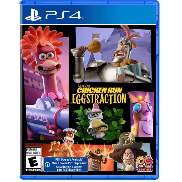 CHICKEN RUN – EGGSTRACTION PlayStation 4 game cover Mettant en Vedette des Personnages Animés, Dont un Poulet Rose avec un Peigne Rouge, un Chevalier en Armure Argentée Tenant un Poulet Frit, un Poulet Blanc Qui Jette un Coup d'Oeil à Travers des Feuilles Vertes, et un Chien Robotique aux Yeux Lumineux, Représentant l'Aventure Furtive et Chaotique en Coop.