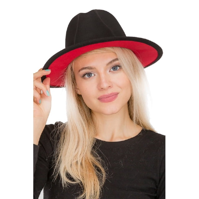 2Chique Boutique Chapeau en Feutre Style Panama à Large Bord Doublé Rouge Uni pour Femmes