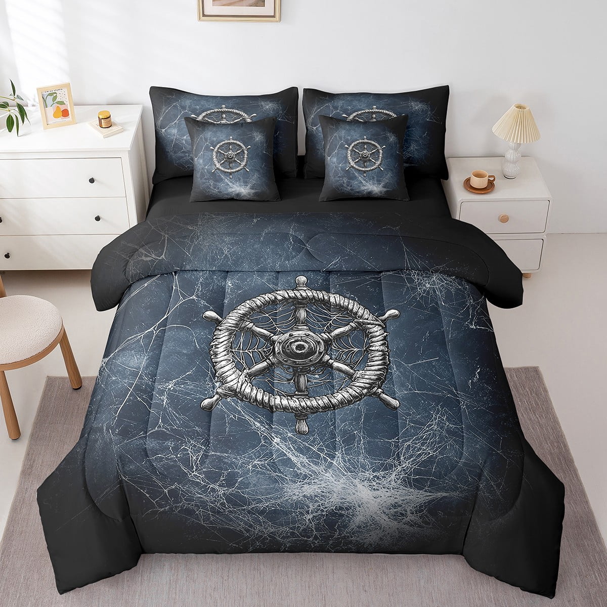 Nautical Rudder Bed Set in a Bag 7 Pcs,Retro Navy Black Spider Web Trippy Bedding Set,Navigation Ocean Adventure Theme Psychedelic Comforter with Fitted,Flat Sheet,Pillowcase,Pillow Covers,Twin