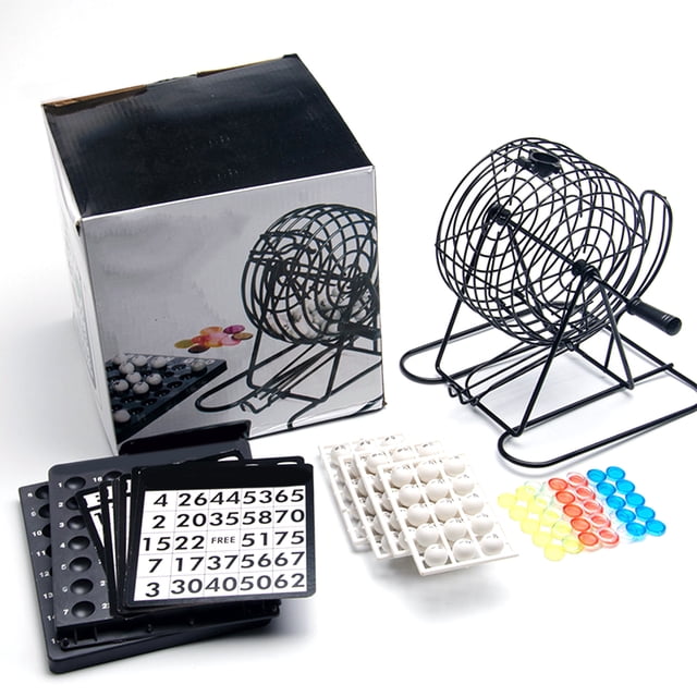 Cage Card Game Machine, a traditional bingo ball wire cage wheel lotto game set, featuring a metal rolling cage, 75 numbered balls, 18 paper cards, and 150 wafers. The set includes a thickened base bracket for stability and is suitable for KTV parties, bar gatherings, and family events. Constructed with durable metal, plastic, and paper materials, it offers easy operation and a manual locking mechanism for secure gameplay.