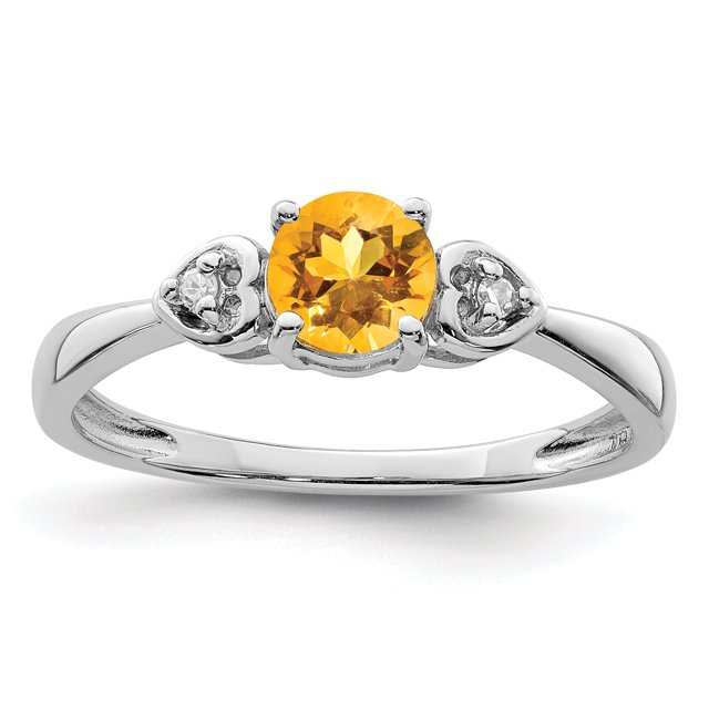 925 Sterling Silver Rhodium Plated Diamond and Citrine Round Ring
