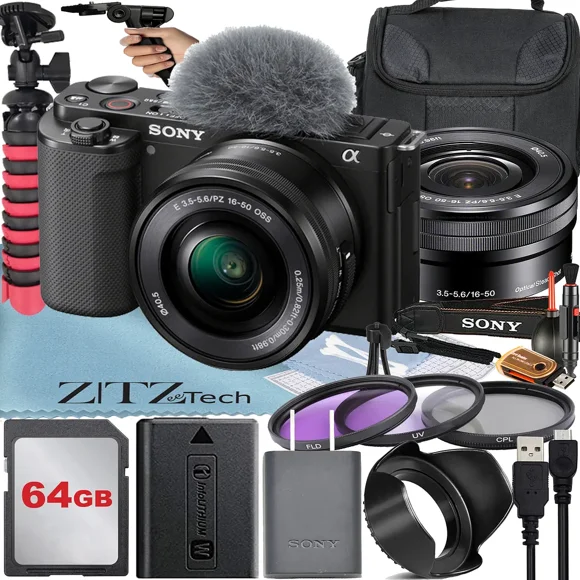 Sony Alpha ZV-E10 Mirrorless Vlog Camera With 16-50mm Lens + 64GB Memory Card + Filter Kit + Tripod + Case + ZeeTech Accessory Bundle (Black)
