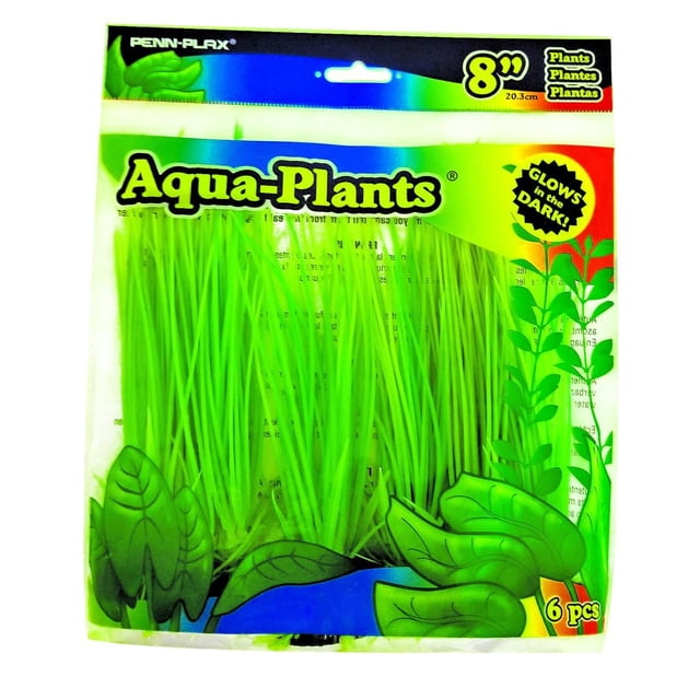 Penn-Plax Aqua-Plants 8-inch glow in the dark aquarium plants, 6 pieces per pack, bright green artificial grass-like stems providing shelter to reduce fish stress, safe for freshwater and saltwater tanks, ideal for enhancing aquarium décor and natural environment feel.