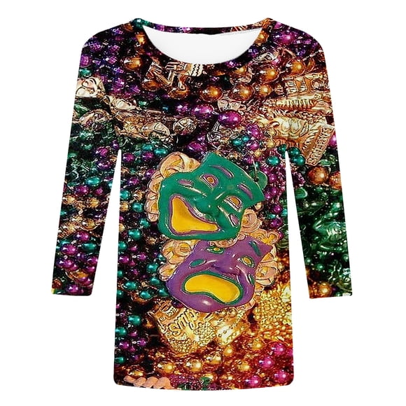 Carnival Clothes for Women,Carnival Cruise T Shirts for Women,Glitter Mask Graphic Mardi Gras Clothing Women Plus Size,Fashion Womens Carnival Mask Printed 3/4 Sleeve Round Neck Shirts Carnival Tops