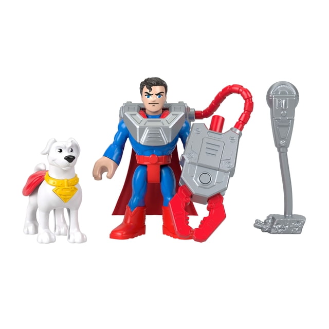 Fisher-Price Imaginext DC Super Friends Metal Force Superman Figurines d'Action et Ensemble d'Accessoires avec une Figurine Superman de 3 Pouces en costume Bleu et Rouge avec des Membres Mobiles et une cape Rouge, Équipée d'Un Outil de Préhension Gris et Rouge, Accompagnée d'Une Figurine de Super Chien Krypto Blanche avec un Col Jaune et une cape Rouge, plus un Accessoire d'Arme Griffe Gris Séparé à Clipser, Convient au Jeu Imaginatif de Superhéros et au Développement de la Motricité fine.