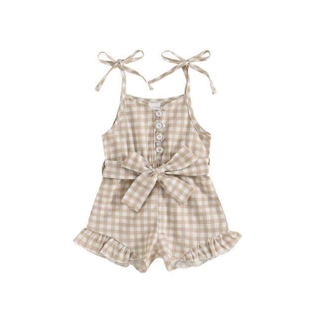 SUNSIOM Little Girls Summer Cami Jumpsuit Sleeveless Button Up Ruffle Trim Plaid Overalls with Belt