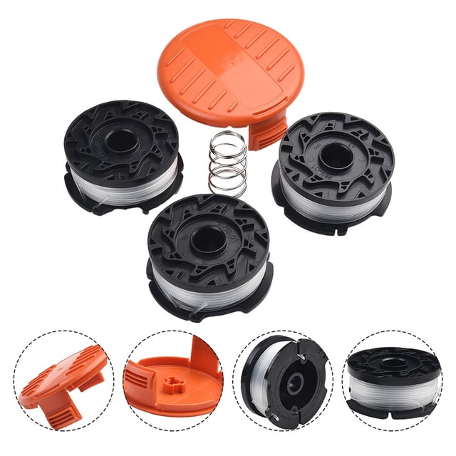 MYG 3/6Pack For Replacement String Trimmer Line Spool AF-100 Eater, featuring three black ABS plastic spools with 30-foot 0.065-inch diameter nylon line, an orange cap, and a spring. Designed for Black & Decker trimmers, it supports models like GH400, GH900, and LST220. The auto-feed spool ensures efficient grass cutting and eliminates manual winding.