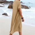 thumbnail image 4 of yoeyez Robes en Coton et Lin pour Femmes pour l'Été, Robes Unies à Col Rond pour Dames, Coupe Ample, Manches Courtes, Robe Midi Décontractée de Plage Évasée, Kaki, 5TG, 4 of 7
