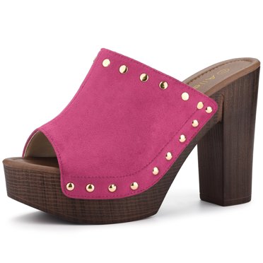 BLISSFUL STEP Chaussures pour Femmes à Plateforme à Talons Épais à Bout Ouvert à Rivets en Faux Suède Sandales à Enfiler Rose Vif 6,5