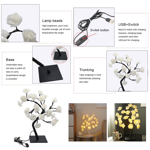 mmirethe Lighted Colorful Rose Lamp With Remote Control Best Gift Choice Wide Application pink rose white rod 1Set