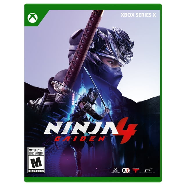 Ninja Gaiden 4 - Standard Edition (Xbox Series X) game cover depicting a ninja in tactical armor wielding a katana in a combat pose, set against a neon-lit futuristic Tokyo cityscape with a large armored figure in the background, featuring Xbox Series X branding and ESRB Mature 17+ rating.